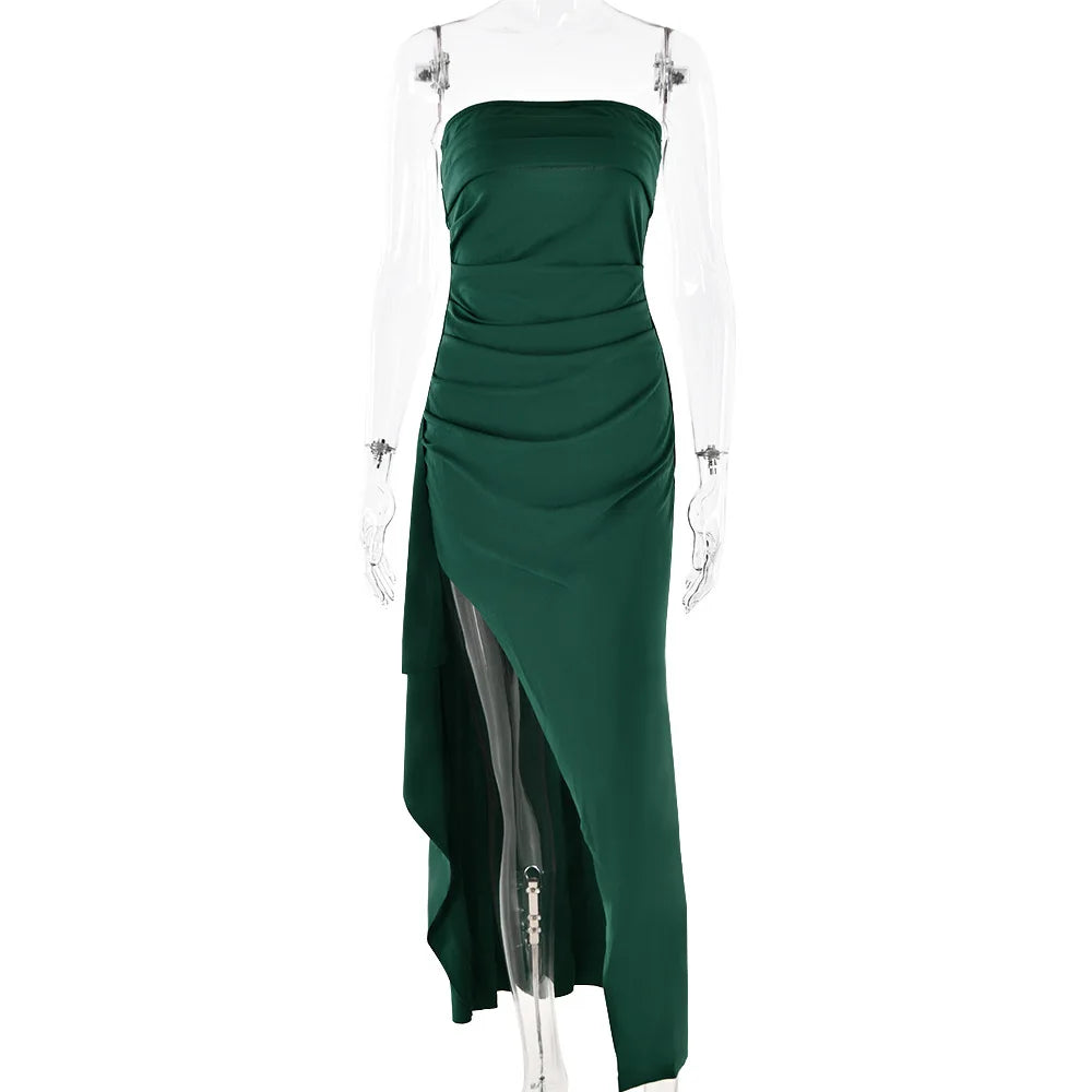 Robe Maxi fendue, épaules dénudées, élégante, taille haute, tenue de Club pour femmes, Sexy, sans bretelles, robe froncée