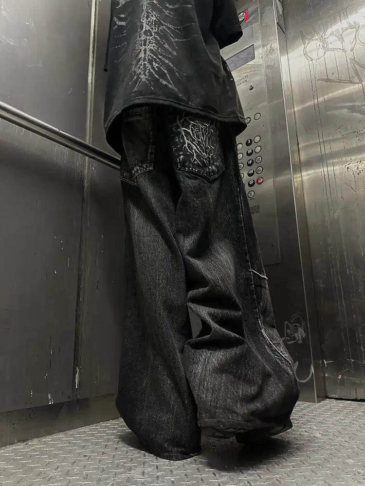 Lencensa - Jean Y2K Phantom Premium | Streetwear Gothique Brodé de Qualité Supérieure