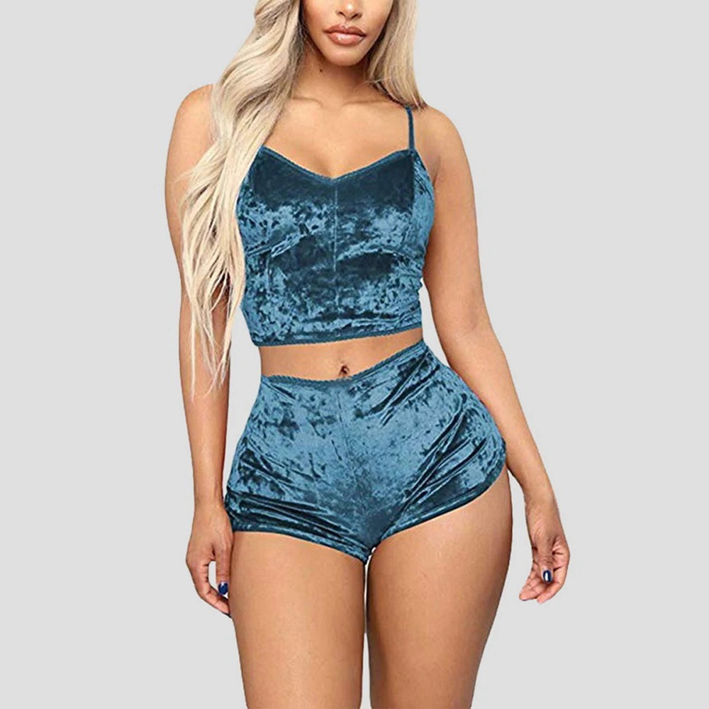 Sous-vêtements confortables en velours et Polyester pour femmes, camisole + short, ensemble pyjama, vêtements de maison, haut sans manches et short