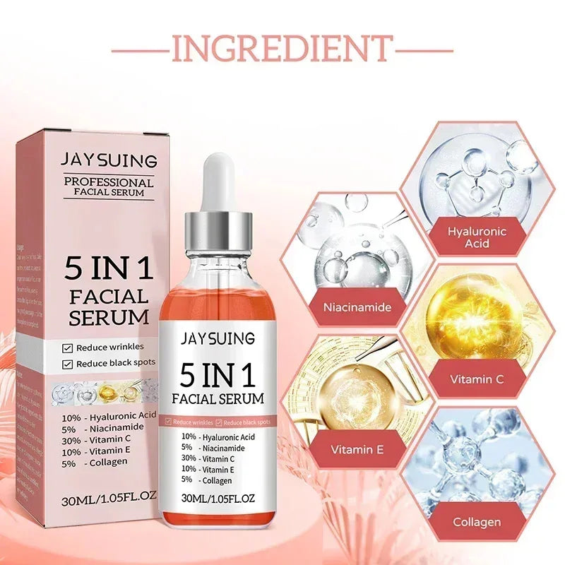 Sérum pour le visage 5 en 1, estompe les ridules, raffermissant, rétrécit les pores, hydratant, éclaircissant, acide hyaluronique, rétinol, 1/2/3 pièces