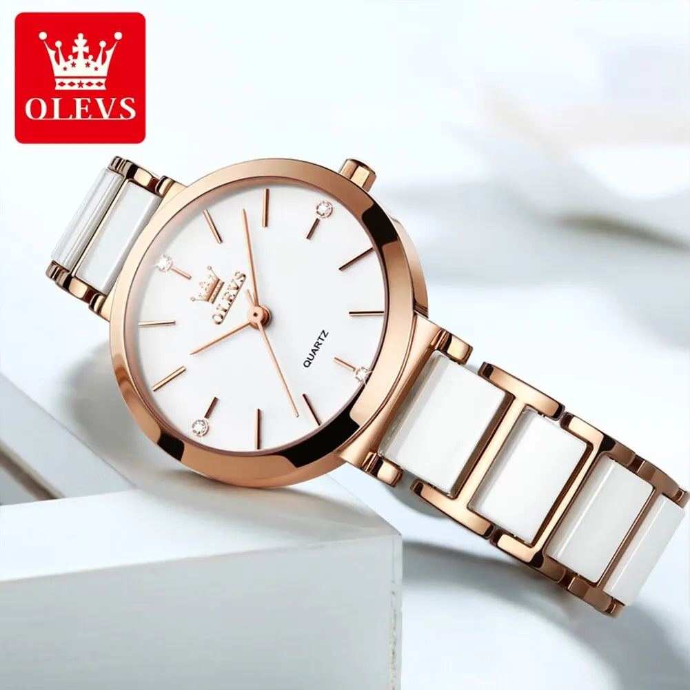 OLEVS-Montre-bracelet de luxe en or rose pour femme, montre-bracelet à quartz pour femme, horloge à bracelet en céramique, mode féminine
