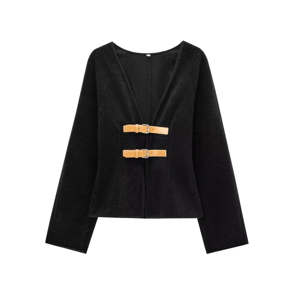 Manteau Laine Premium Lencensa Femme - Veste Ceinturée Haute Qualité Col V