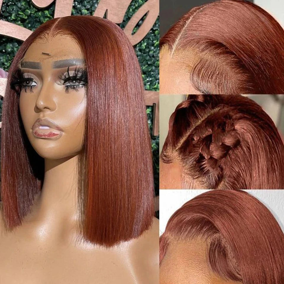 Rebecca-Perruque Bob Péruvienne Naturelle Courte, Cheveux Lisses, Brun Rousse 33, 13x6x1 T, pour Femme