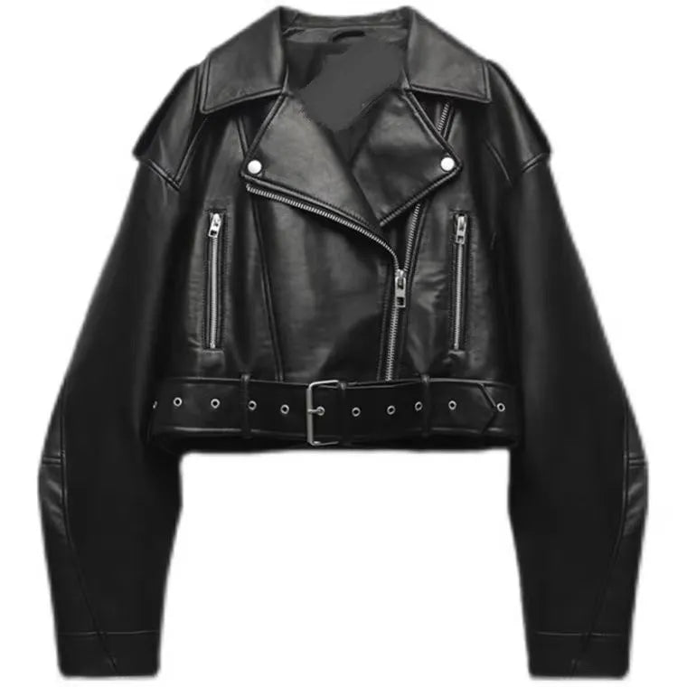 Veste Courte Femme en Similicuir avec Ceinture - Style Motard Vintage