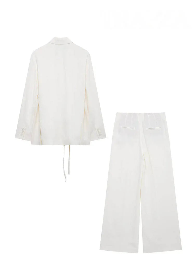 HH – costumes pour femmes, col rabattu blanc, manches longues, blazer à lacets + pantalon Long taille haute avec fermeture éclair, ensembles de mode printemps - Lencensa 