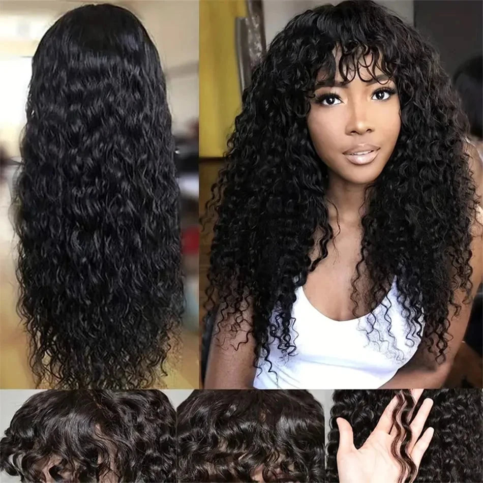 Perruque Brésilienne Ondulée avec Frange pour Femme Noire, Cheveux Naturels Bouclés, Bon Marché, 12A, en Promotion