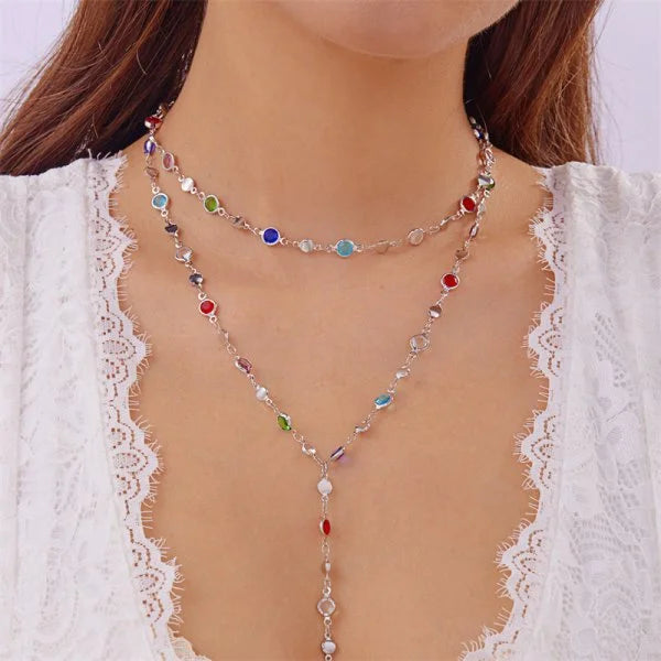 Collier Long en forme de Y en verre, couleur or argent, chaîne de clavicule en métal, fête de vacances d'été, bijoux de corps bohème, cadeaux
