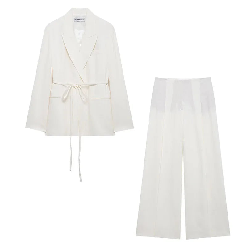 HH – costumes pour femmes, col rabattu blanc, manches longues, blazer à lacets + pantalon Long taille haute avec fermeture éclair, ensembles de mode printemps - Lencensa 