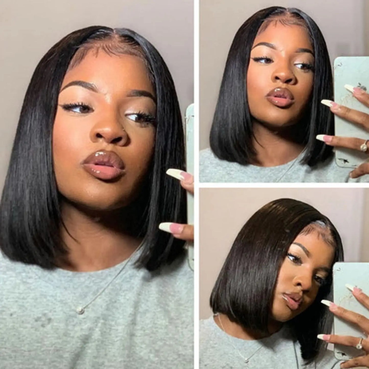 Perruque Bob brésilienne lisse, cheveux naturels, partie en V, couleur naturelle, demi-perruque à Clip pour femmes - Lencensa 