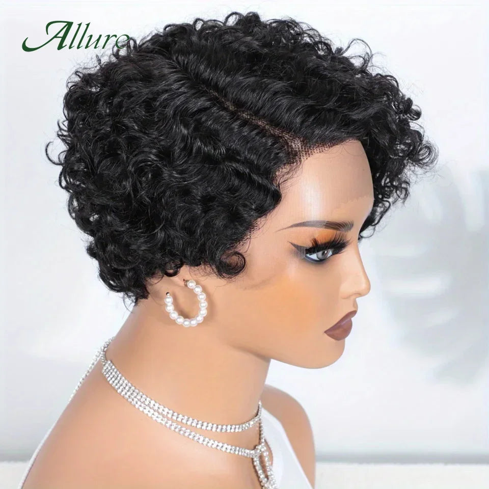 Cheveux brésiliens coupe lutin courte bouclée Bob perruque 13x6x1 t-lace avant perruque de cheveux humains profond bouclés Transparent dentelle partie perruques pour les femmes