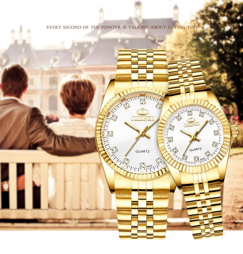 CHENghts-Montre de couple à quartz en acier inoxydable doré pour femme, horloge de luxe