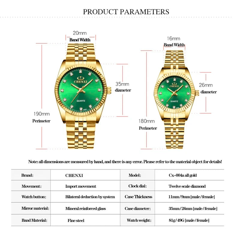 CHENghts-Montre de couple à quartz en acier inoxydable doré pour femme, horloge de luxe