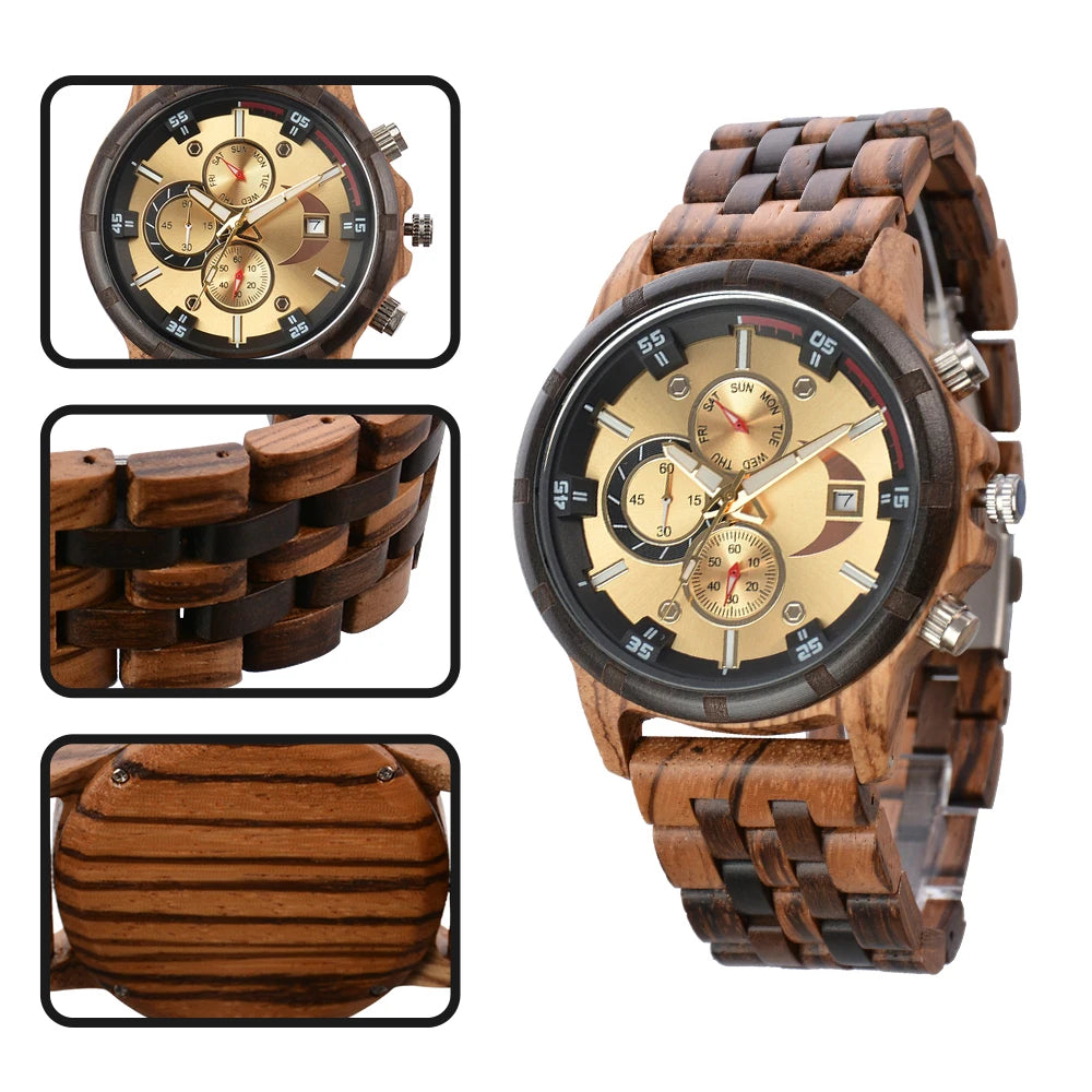 Montres-bracelets en bois pour hommes montres à Quartz de mode avec horloge Date semaine montres boîte en bois pour lui reloj hombre - Lencensa 
