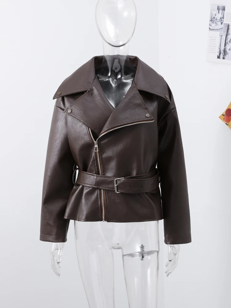 Veste Femme en Cuir Marron avec Ceinture - Style Motard Automne