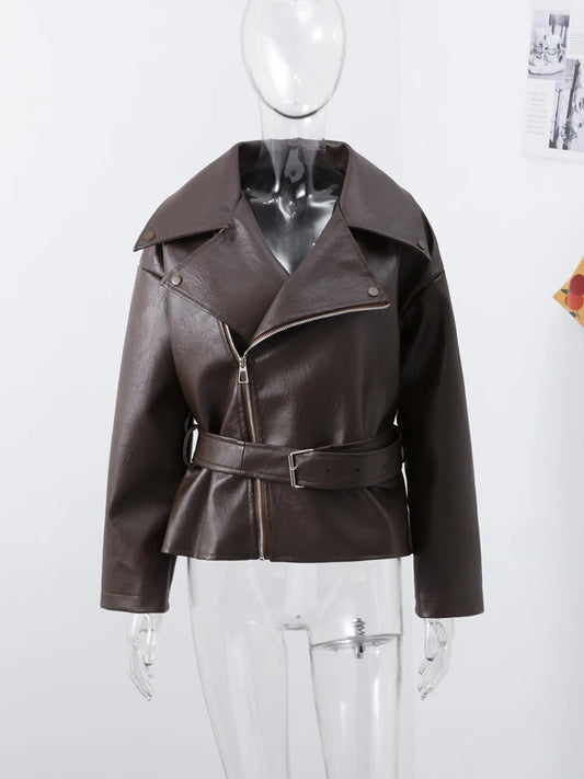 Veste Femme en Cuir Marron avec Ceinture - Style Motard Automne