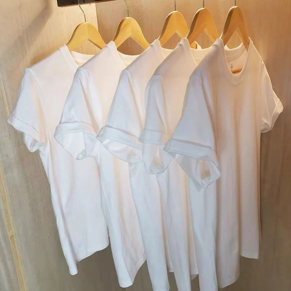 Lot de 2 T-Shirts Couple 100% Coton - Manches Courtes Blanc Unisexe Col Rond - Lencensa 