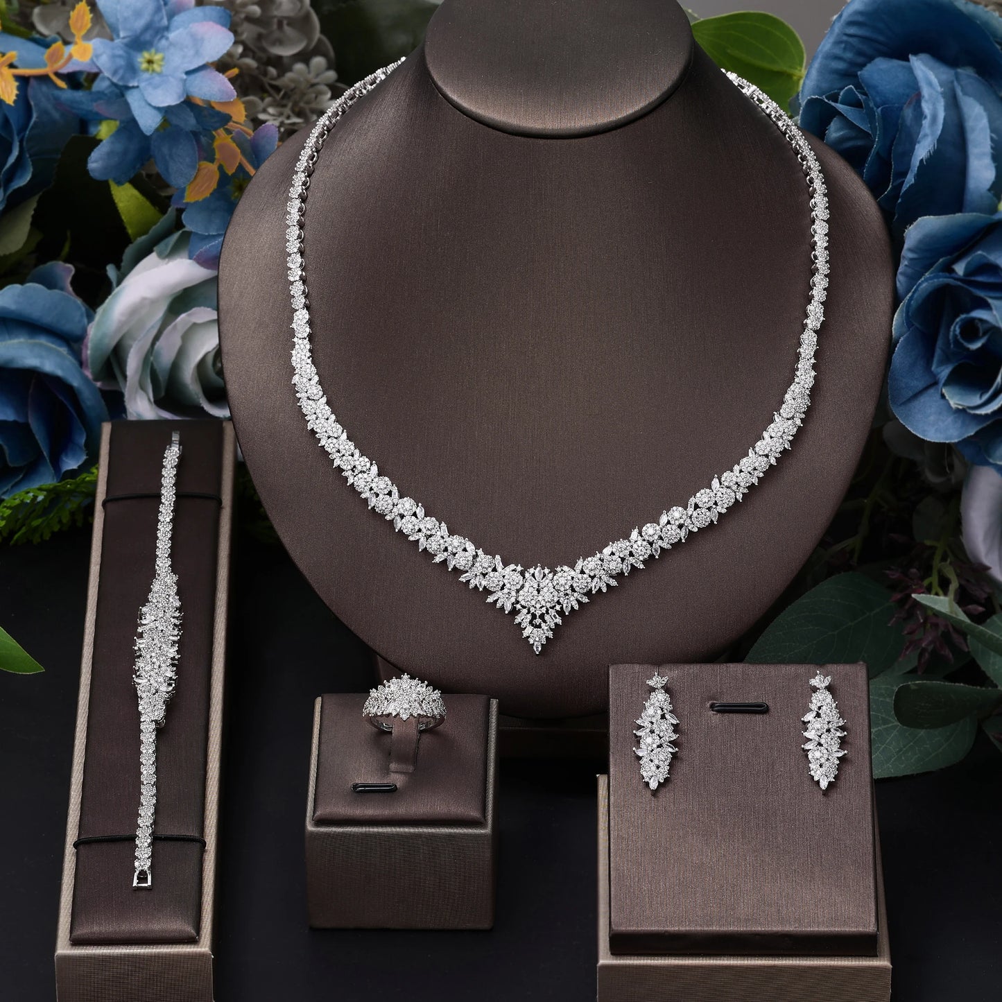 Ensemble de bijoux de mariée de luxe avec zircon cubique contre-indiqué, 4 pièces, vente chaude, Dubaï, 2024