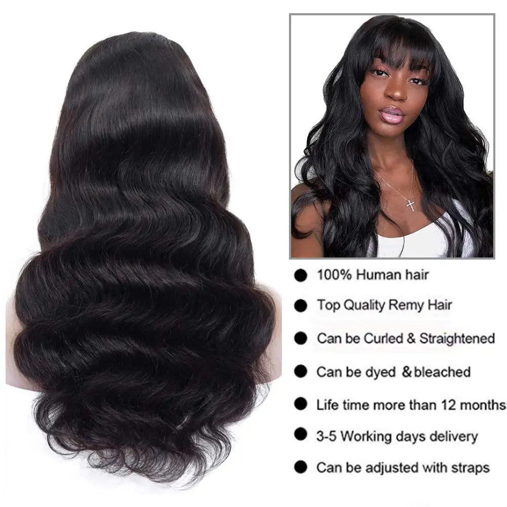 Perruque brésilienne Body Wave avec frange pour femme, perruques de cheveux humains, fabriquée à la machine, document naturel, 100%