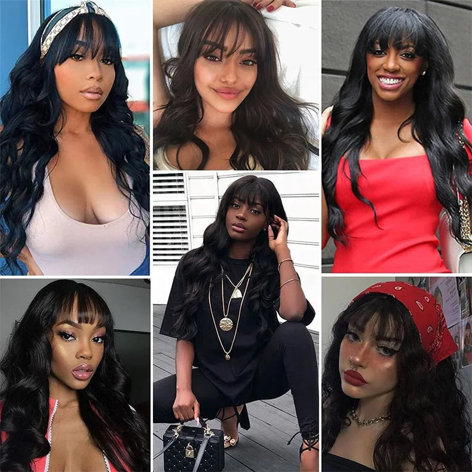 Perruque brésilienne Body Wave avec frange pour femme, perruques de cheveux humains, fabriquée à la machine, document naturel, 100%