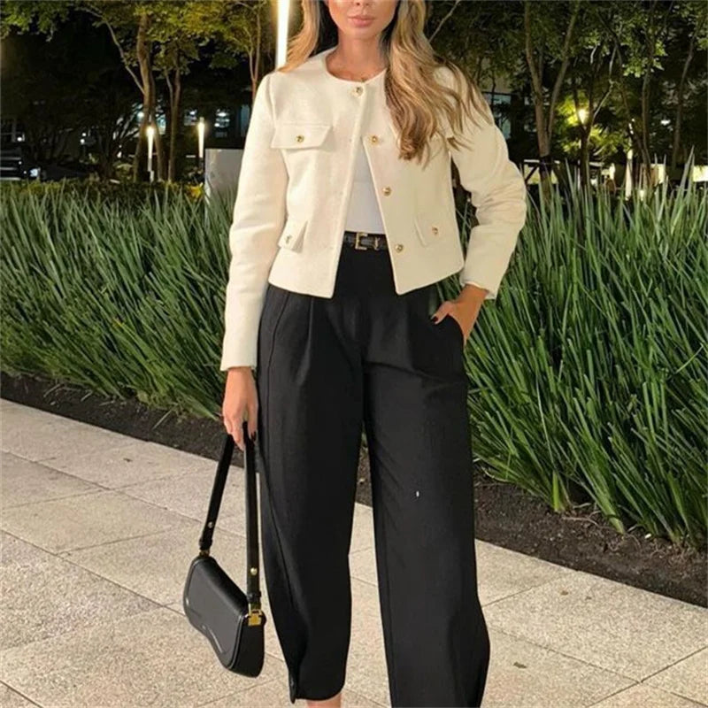 MUJER Tweed veste courte femme à manches longues veste Vintage femme mode bouton vestes élégantes pour les femmes nouveau en manteaux courts - Lencensa 