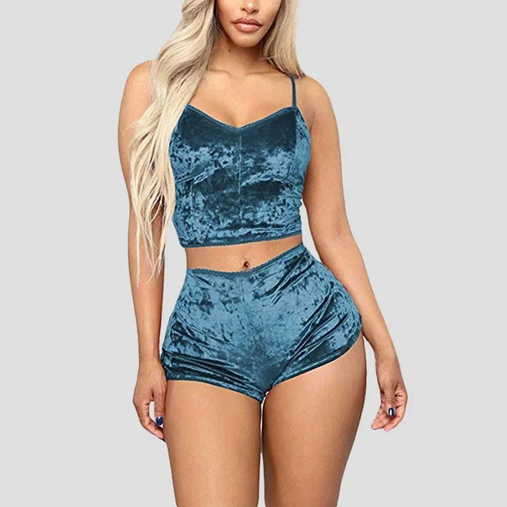 Sous-vêtements confortables en velours et Polyester pour femmes, camisole + short, ensemble pyjama, vêtements de maison, haut sans manches et short