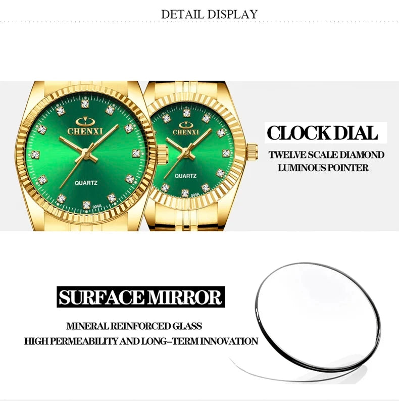 CHENghts-Montre de couple à quartz en acier inoxydable doré pour femme, horloge de luxe