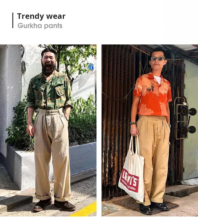 Pantalon Gurkha Homme MADEN - Cargo Vintage Coton Taille Haute Kaki - Lencensa 