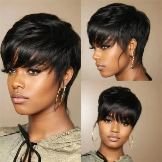 Perruque Naturelle Courte avec Frange pour Femme Noire, Cheveux Lisses, Coupe Pixie, Faite à la Machine, Bon Marché