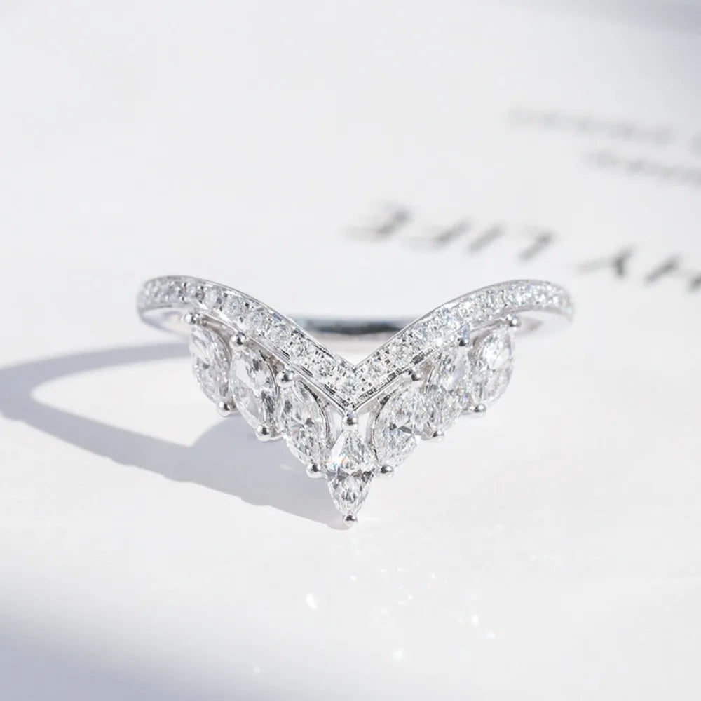Bague Fiançailles V Or Blanc 18K - Marquise Zircone Empilable