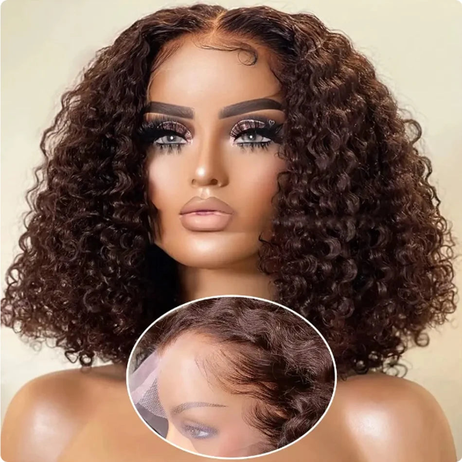 Perruque Bob Brésilienne Bouclée Brun Foncé, Cheveux Naturels, 13x4, pour Femme Africaine