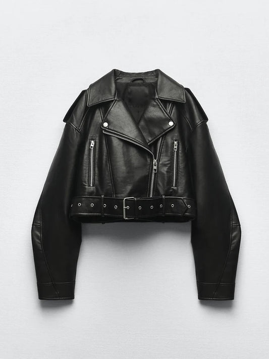 Veste Femme en Faux Cuir avec Ceinture - Style Motard Printemps Automne