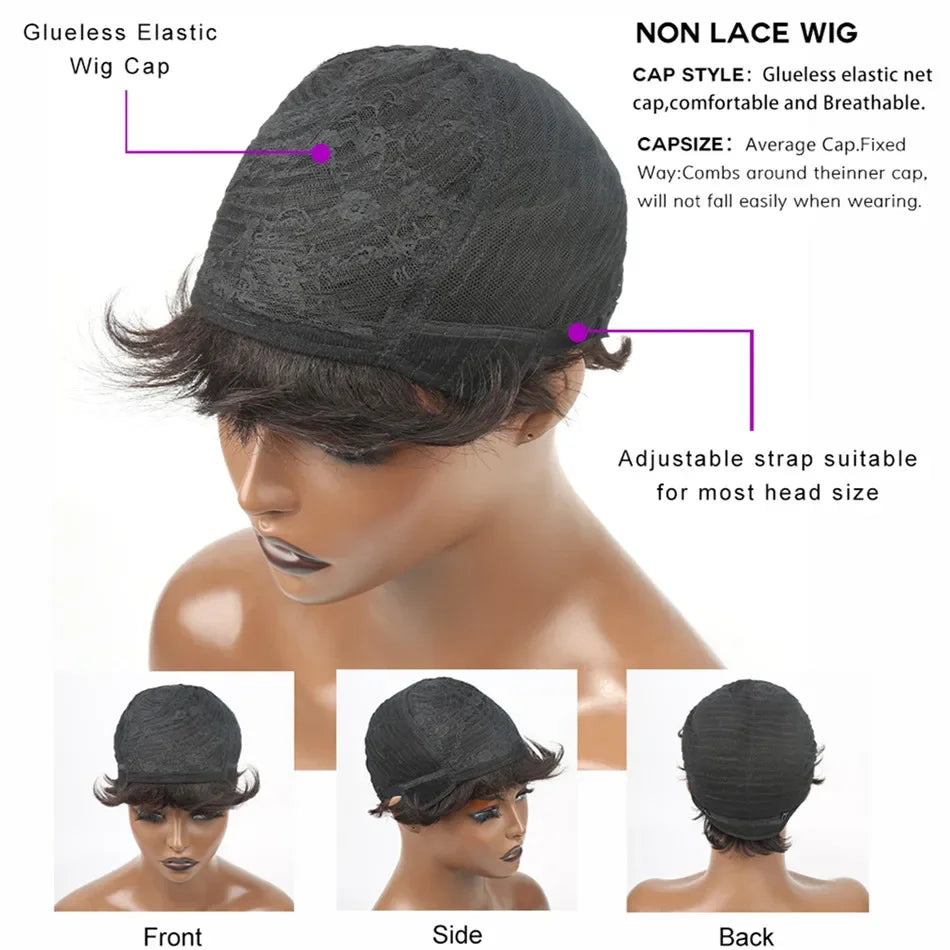 Perruque Naturelle Courte avec Frange pour Femme Noire, Cheveux Lisses, Coupe Pixie, Faite à la Machine, Bon Marché