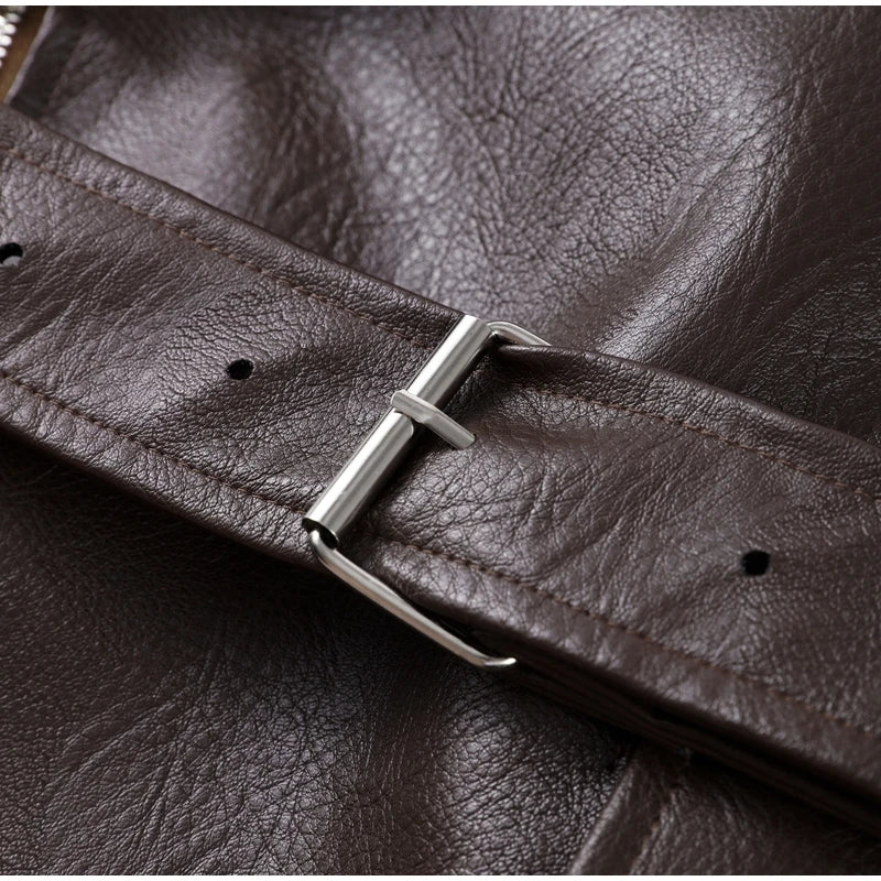Veste Femme en Cuir Marron avec Ceinture - Style Motard Automne