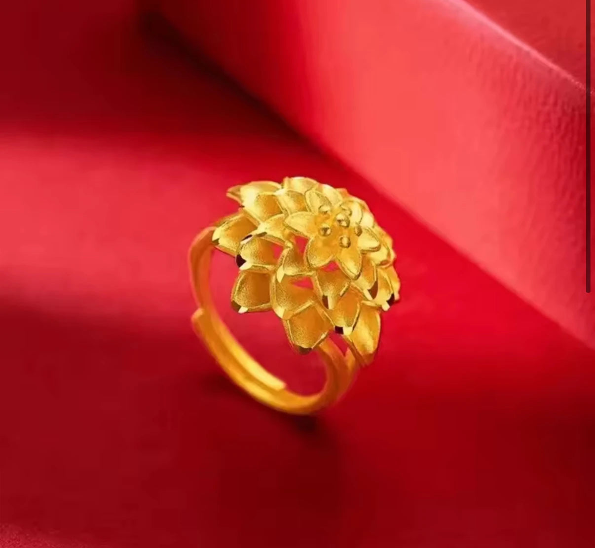 Bague Or 24K Réglable Femme - Fleur Pistolet Au999 Authentique