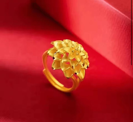 Bague Or 24K Réglable Femme - Fleur Pistolet Au999 Authentique