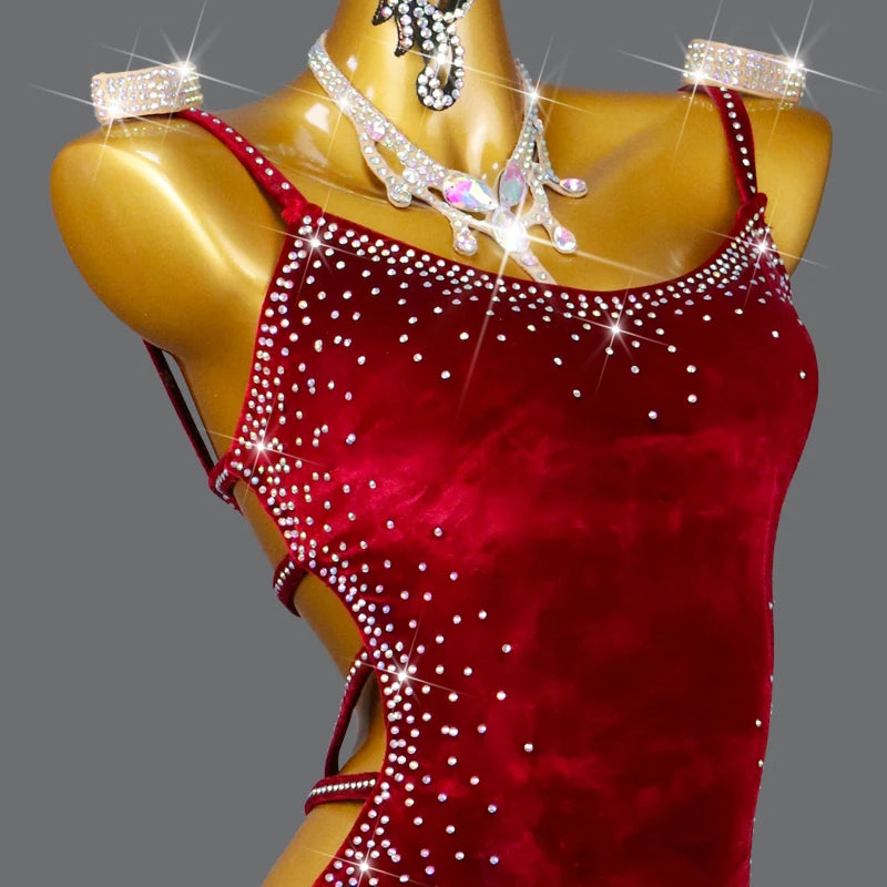 Robe de Danse Latine Velours - Costume Cha-Cha Sexy Femme