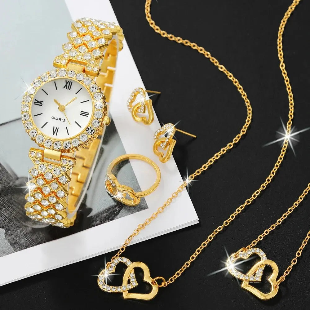 Ensemble de montre-bracelet à quartz pour femme, horloge pour femme, cadran romain, design de marque de luxe, décontracté, 6 pièces