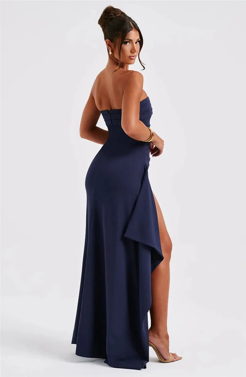 Mozision-Robe longue dos nu sans bretelles pour femme, robe maxi à fente haute, mode féminine, épaules dénudées, boîte de nuit, fête, élégante