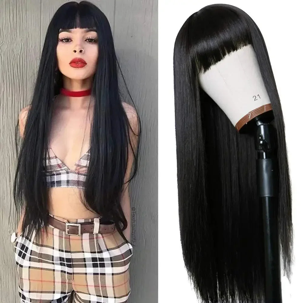 Perruques synthétiques Remy longues et lisses, perruque en Fiber noire naturelle résistante à la chaleur avec frange, pe