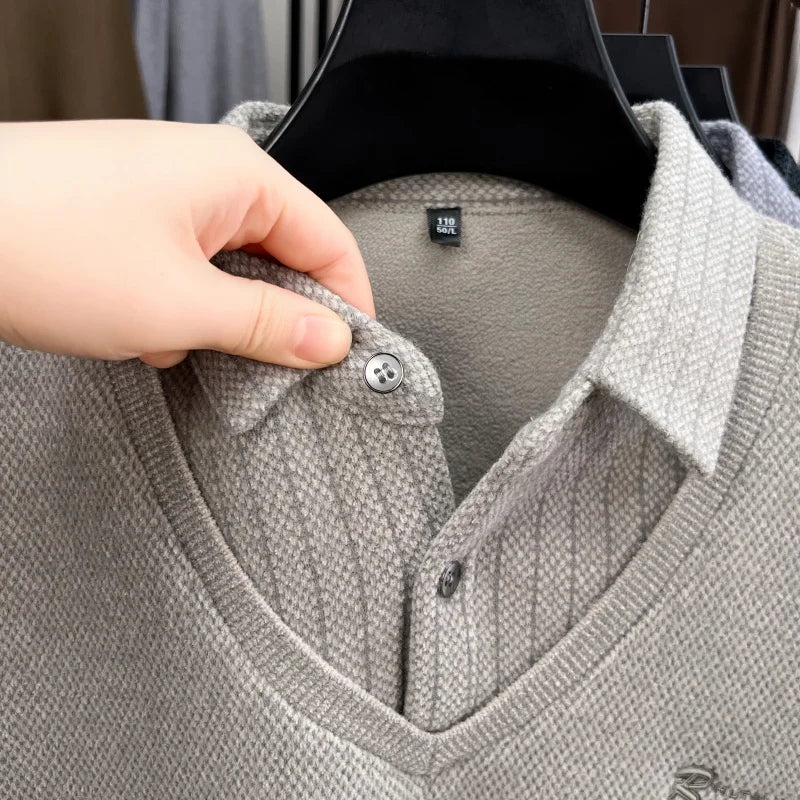 Marque de luxe hommes en peluche faux deux pièces à manches longues tricoté pull hiver nouvelle couleur unie imprimé chaud mode affaires vêtements pour hommes - Lencensa 