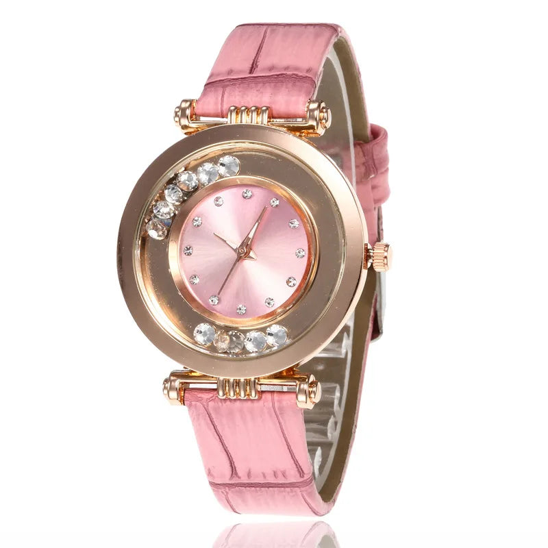 Montre à Quartz Analogique avec Ceinture en Cuir et Diamant pour Femme, Accessoire de Luxe