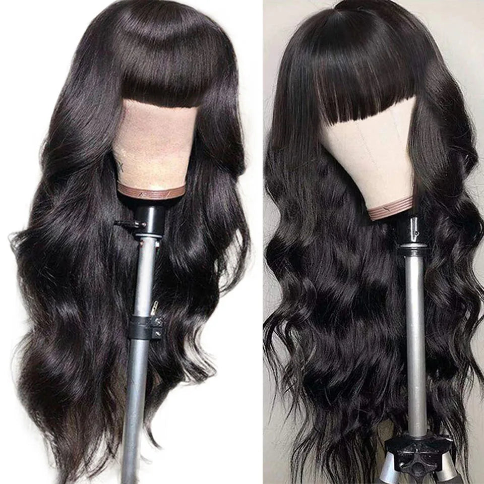 Perruque brésilienne Body Wave avec frange pour femme, perruques de cheveux humains, fabriquée à la machine, document naturel, 100%