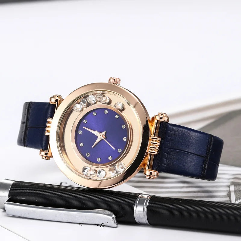 Montre à Quartz Analogique avec Ceinture en Cuir et Diamant pour Femme, Accessoire de Luxe