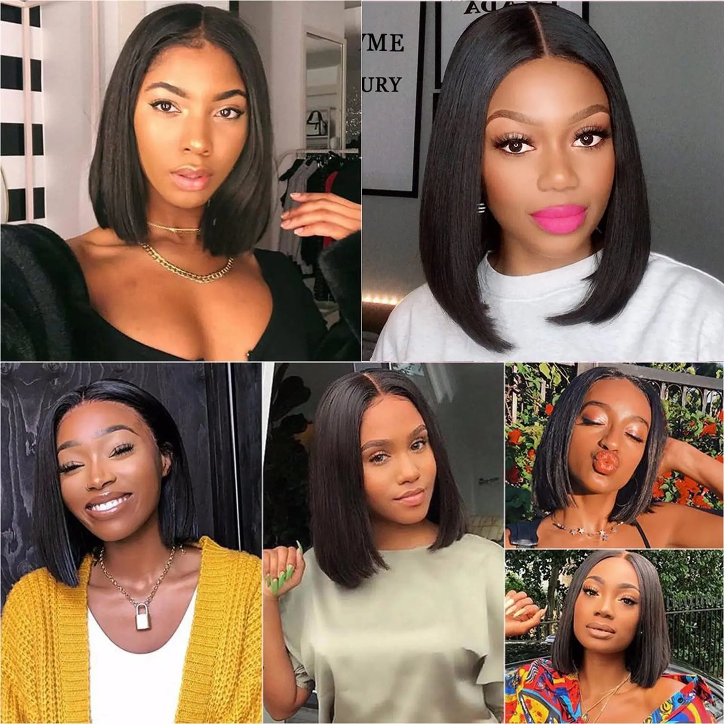 Perruque Bob brésilienne lisse, cheveux naturels, partie en V, couleur naturelle, demi-perruque à Clip pour femmes - Lencensa 