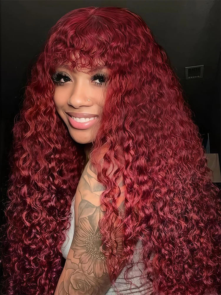 Perruque bouclée bordeaux 99J avec frange, cheveux naturels ondulés profonds, couleur sans colle, perruque brésilienne entièrement faite à la Machine pour femmes