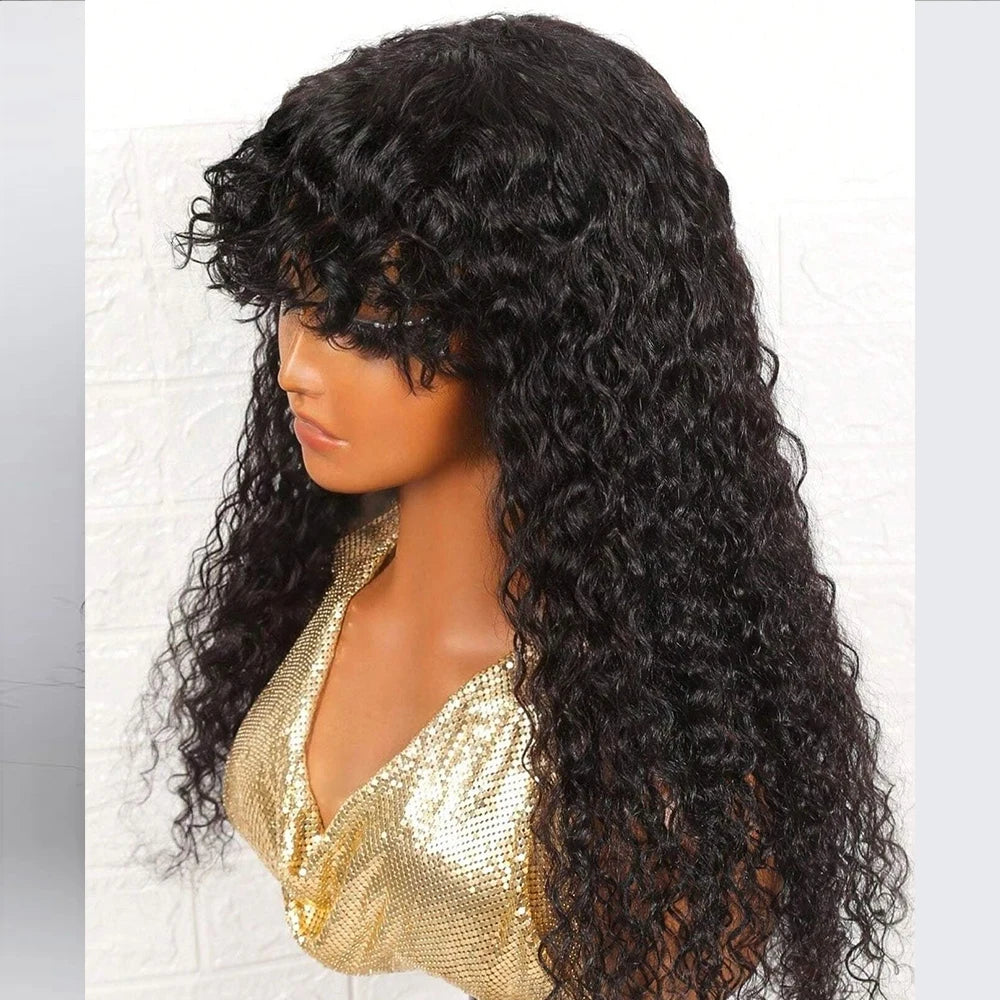 Perruque Brésilienne Ondulée avec Frange pour Femme Noire, Cheveux Naturels Bouclés, Bon Marché, 12A, en Promotion