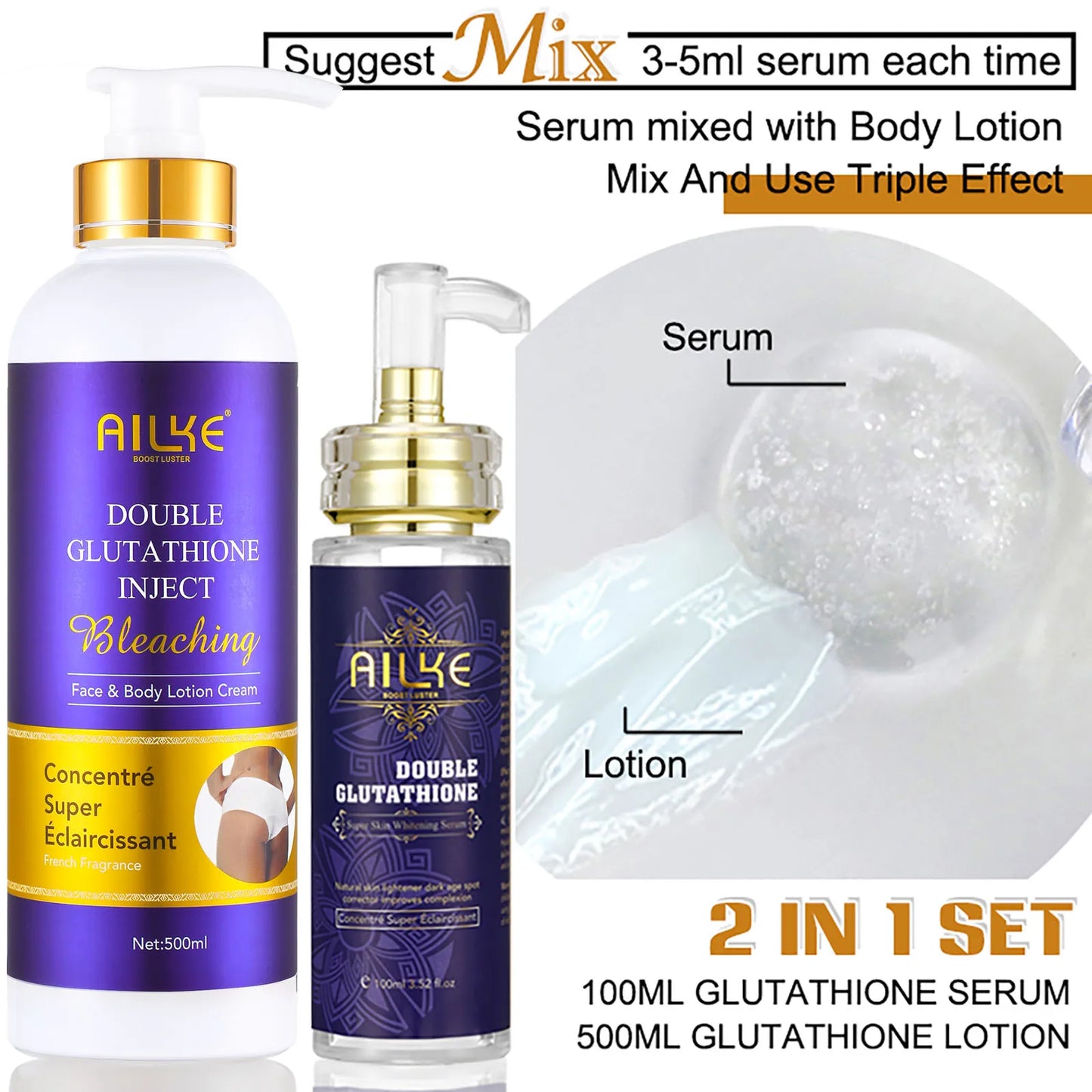 AILKE – ensemble de soins pour la peau blanchissant, éclaircissant, avec double glutathion, réduit les taches noires, foncées et blanches, pour tous les Types de peau