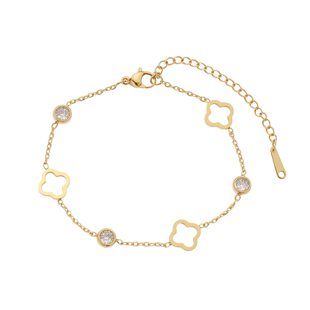 Bracelet porte-bonheur en acier inoxydable, trèfle creux en cristal et zircone, Design Simple et généreux, bijoux de poignet pour femmes, usage quotidien