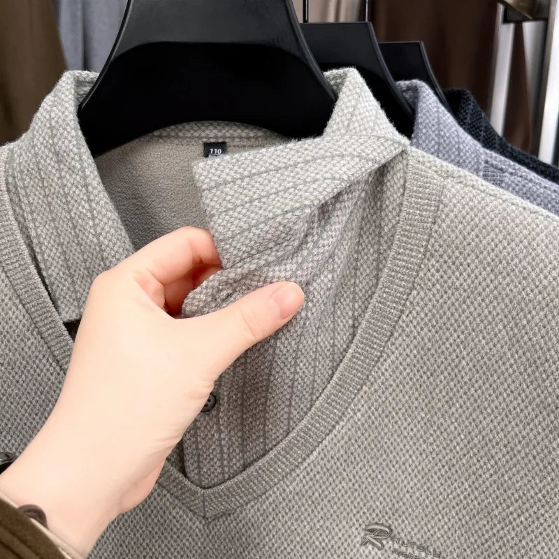 Marque de luxe hommes en peluche faux deux pièces à manches longues tricoté pull hiver nouvelle couleur unie imprimé chaud mode affaires vêtements pour hommes - Lencensa 
