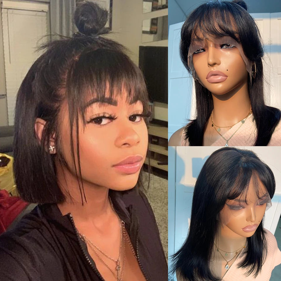 Perruque Bob Lace Front Wig naturelle péruvienne, cheveux courts et lisses, avec frange, cheveux Remy brésiliens, partie facile, pour femmes